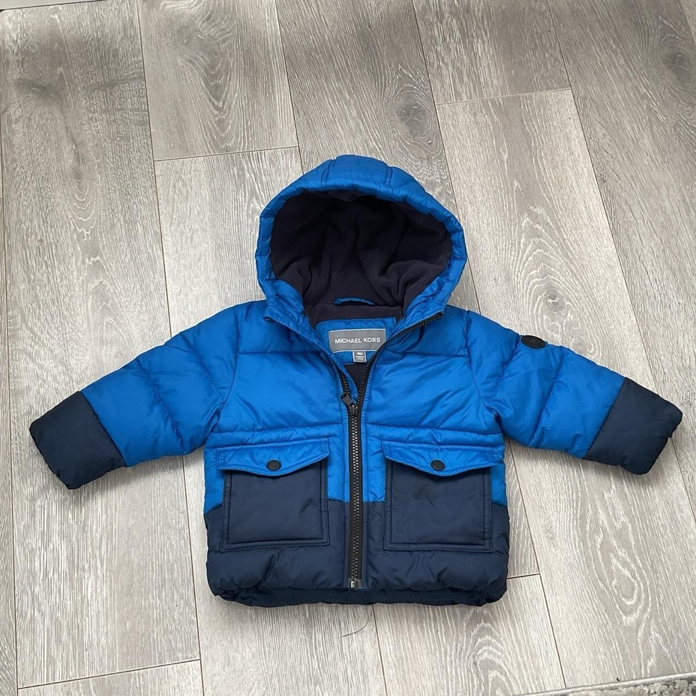 Michael Kors Toddler Blue Navy Colorblock Puffer Hooded Jacket 18 Months